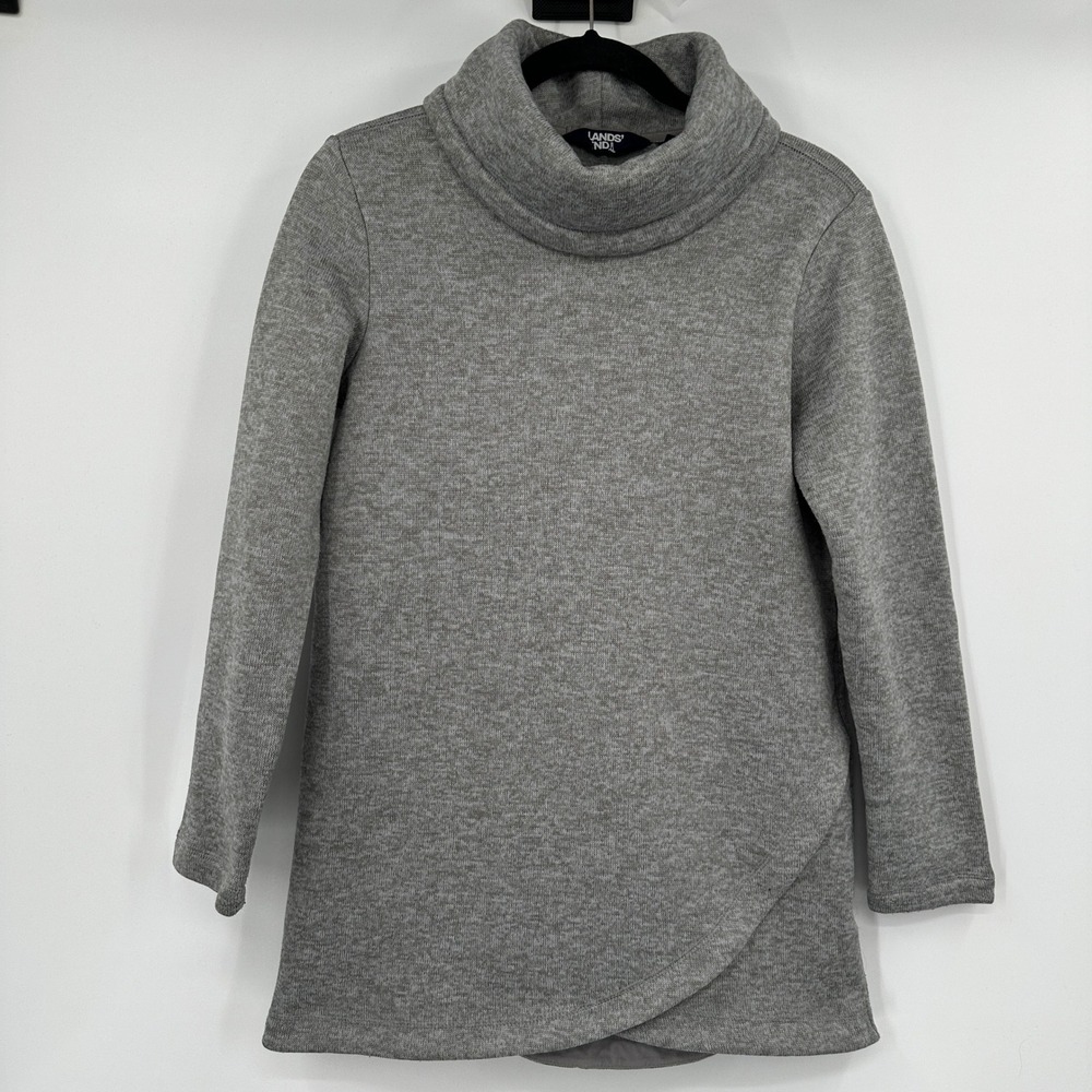 Lands‎ End Grey Knit Cowl Neck Tunic Sweater Fleece Lined Small Asymmetrical Hem